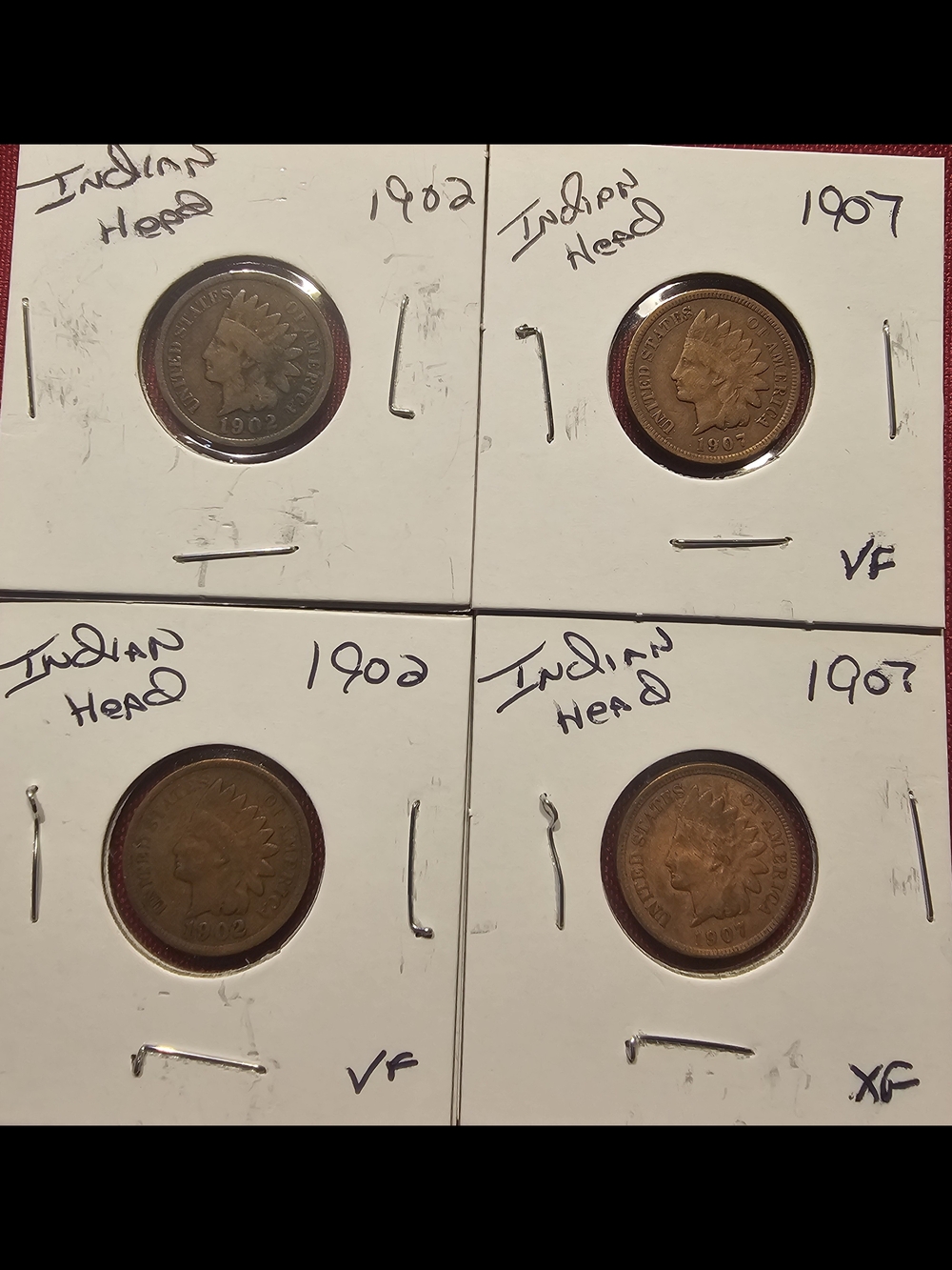 Vintage Indian Head Penny's (2) 1902 And (2) 1907
